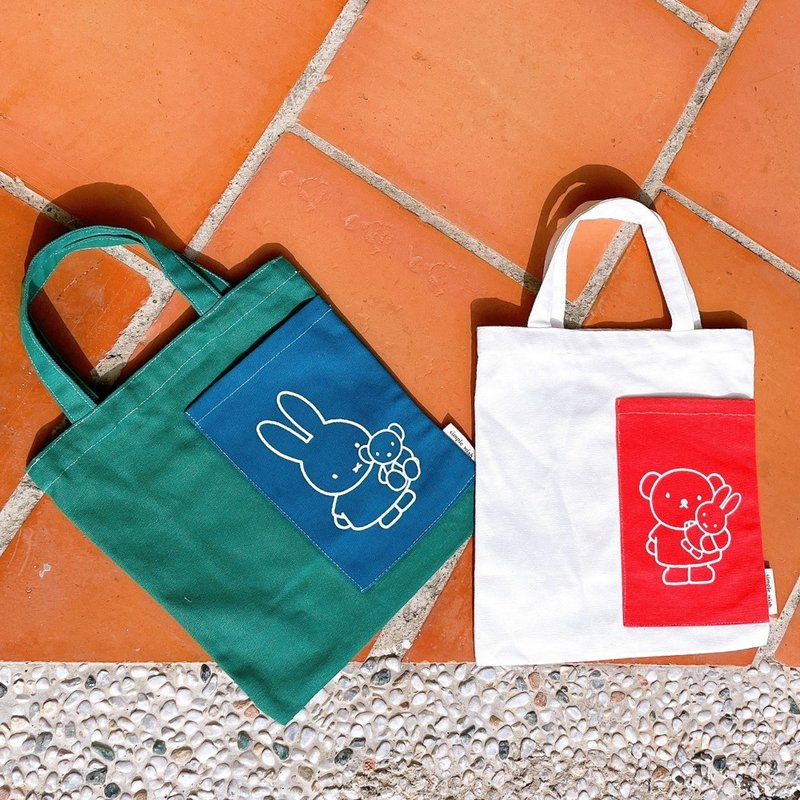 【MIFFY】Color block pocket canvas bag canvas bag - กระเป๋าถือ - ผ้าฝ้าย/ผ้าลินิน 