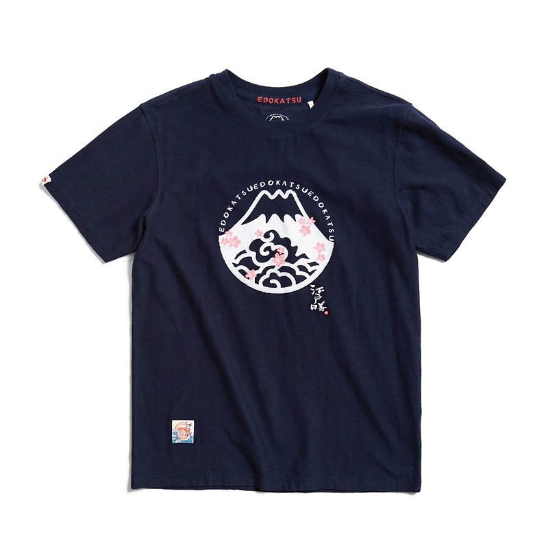 Edo Katsu Japanese-style Mount Fuji Sakura LOGO short-sleeved T-shirt - Men's (foot blue) #Top - เสื้อยืดผู้ชาย - ผ้าฝ้าย/ผ้าลินิน สีน้ำเงิน