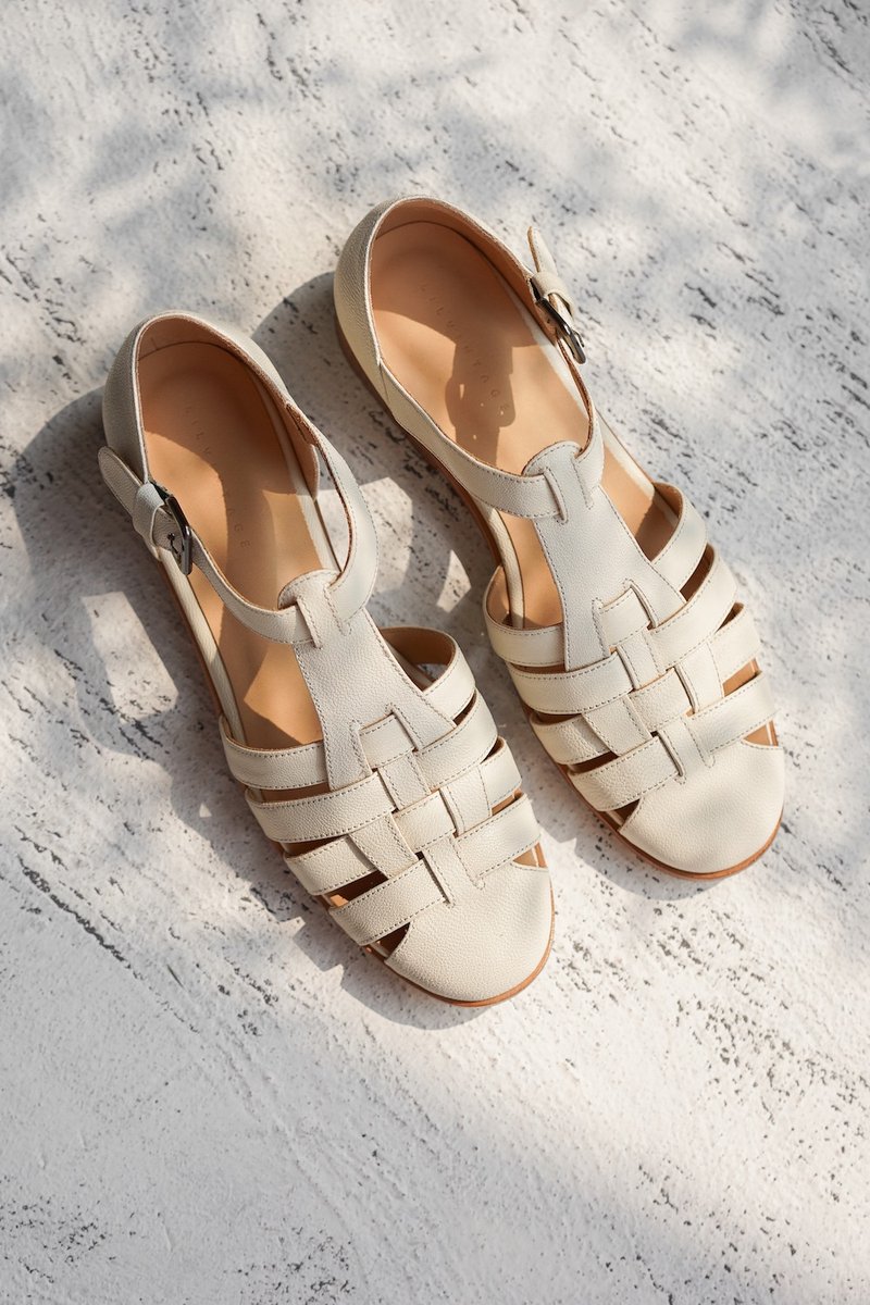 復古文青 手工做舊 羊皮 編織涼鞋 白色 - 其他女皮鞋 - 真皮 