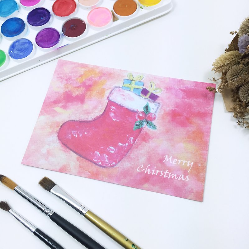 [聖誕襪] 聖誕卡片 明信片 贈素色信封 聖誕禮物 交換禮物 暈染 水彩 手繪 - 心意卡/卡片 - 紙 紅色