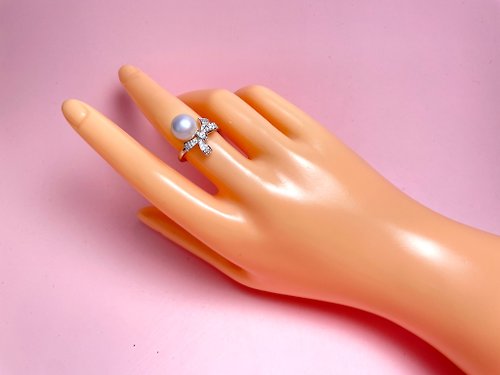 Athena珍珠設計 蝴蝶結 天然淡水珍珠 S925銀 滿鑲 戒指