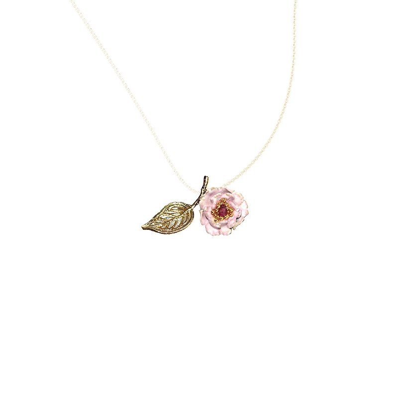 Handmade jewelry enamel series lotus root purple flower rich and precious peony necklace (leaf type) Pre-order - Necklaces - Enamel Pink