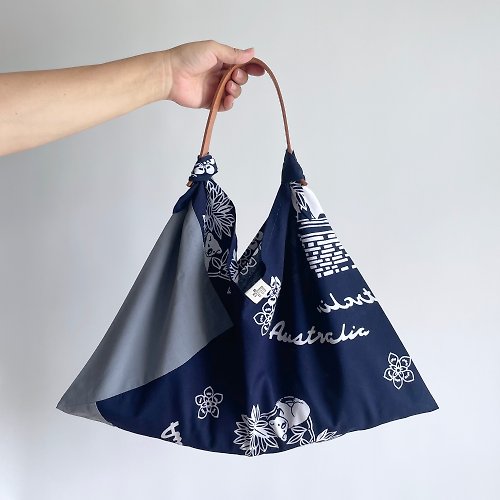 kawamura-sewing 【1点もの】単-ひとえ-のあずま袋 ２色づかい -浴衣地 オーストラリアの模様 & 新毛斯 鼠色