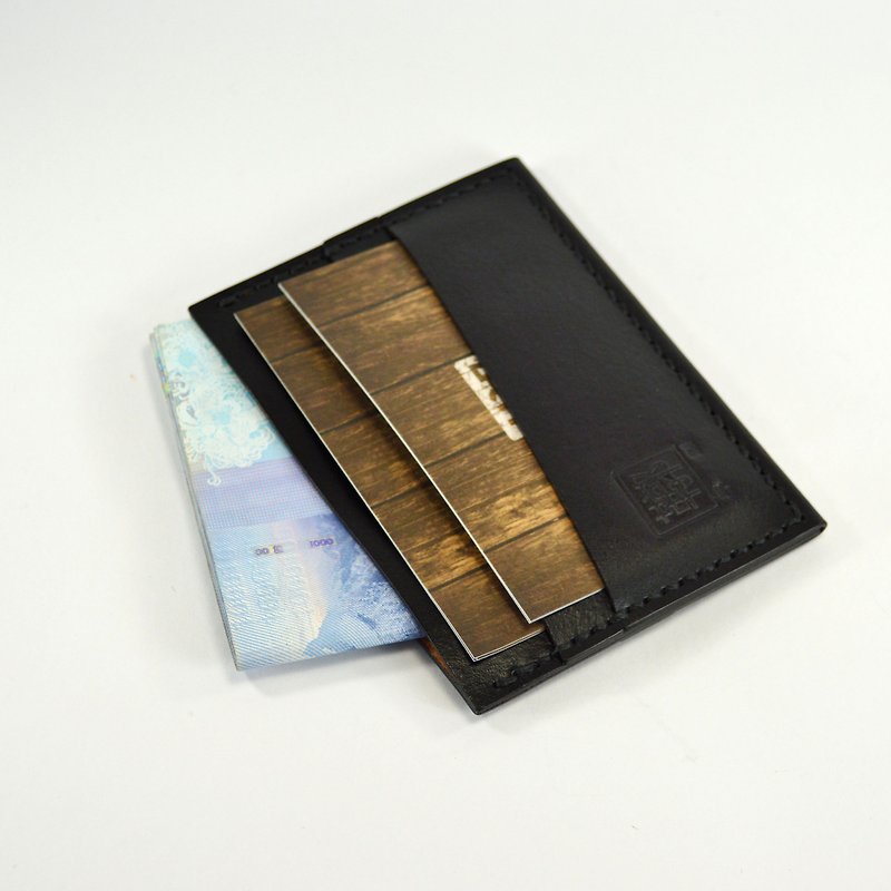 Black vegetable tanned leather hand stitched minimalist business card holder / card holder - Card Holders & Cases - Genuine Leather Black