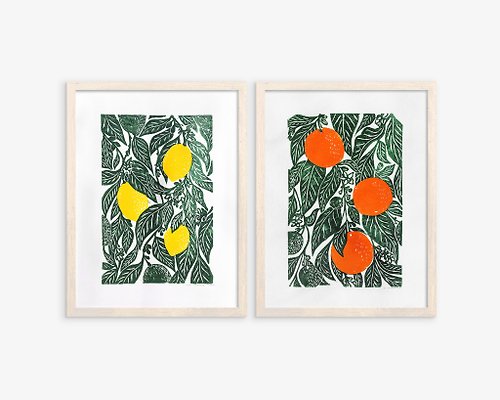 daashart Gallery wall set of 2 Linocut print Oranges and lemons art for Farm kitchen