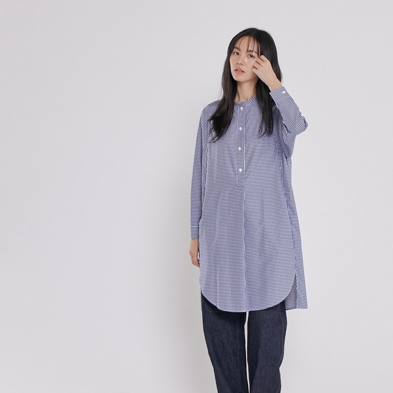 Katy Button-Front Long-Sleeve Gingham Check Shirt Dress/ Blue - One Piece Dresses - Cotton & Hemp Blue