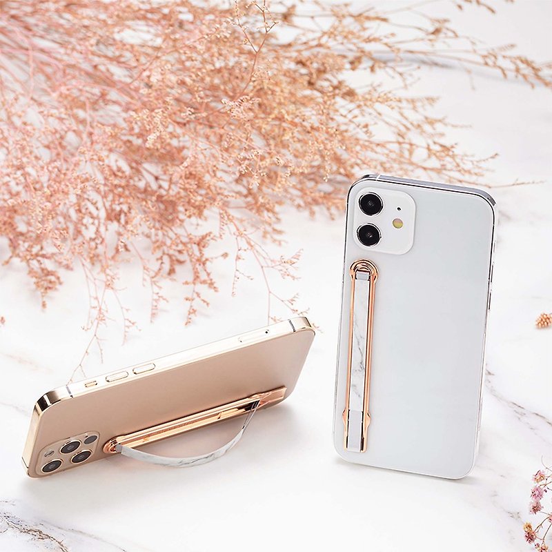 Sharp buckle classic zinc alloy mobile phone strap bracket | White marble x Rose Gold frame-replaceable elastic strap - ที่ตั้งมือถือ - โลหะ ขาว