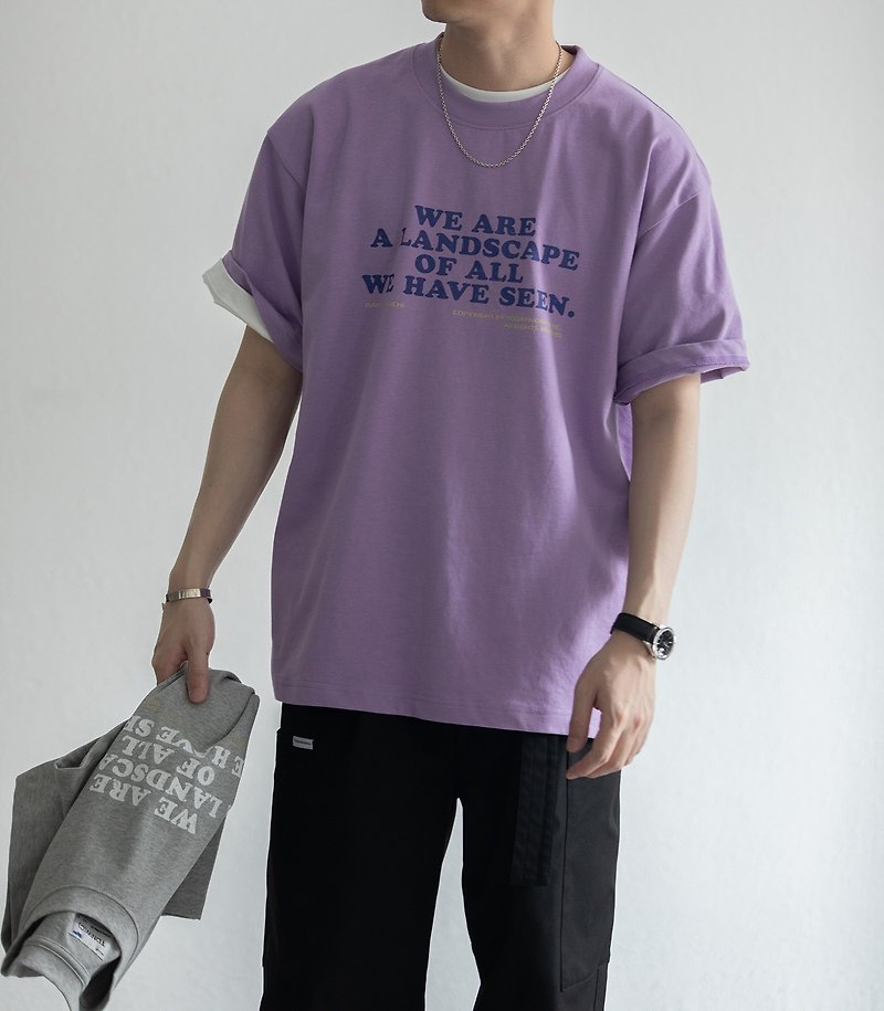 小領口重磅寬松短袖T恤圓領TEE紫色灰色男女夏季做舊字母印花 - T 恤 - 棉．麻 紫色
