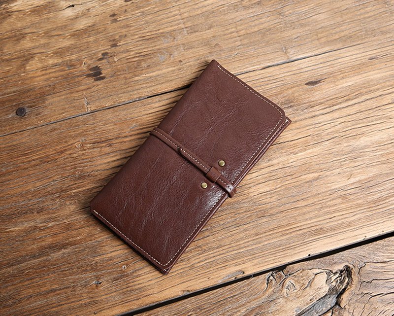 全皮手工皮夾 長款男女軟皮錢包 - 錢包/皮夾/長短夾 - 真皮 咖啡色