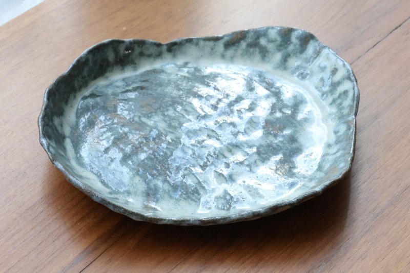 【聖誕禮物】侘寂手捏陶盤美國進口陶土灰藍白流釉置物盤點心盤 - 擺飾/家飾品 - 陶 藍色