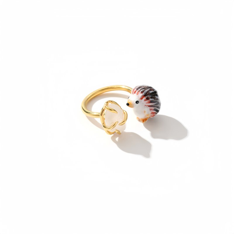 Playful and cute hedgehog white crystal painted enamel ring ~ can be fine-tuned - General Rings - Enamel 