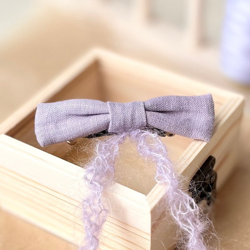 髮夾/紫色蝴蝶結/搭配毛線絲帶 手作髮飾 送禮 - 髮夾/髮圈 - 棉．麻 紫色