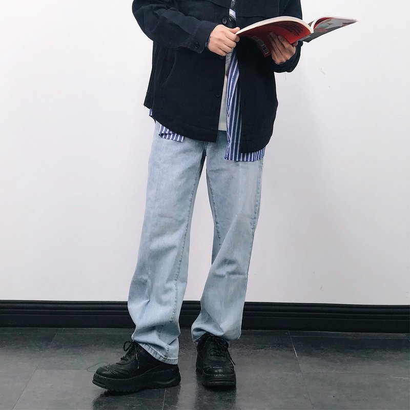 重度水洗做舊休閒直筒牛仔褲 - 男長褲/休閒褲 - 棉．麻 