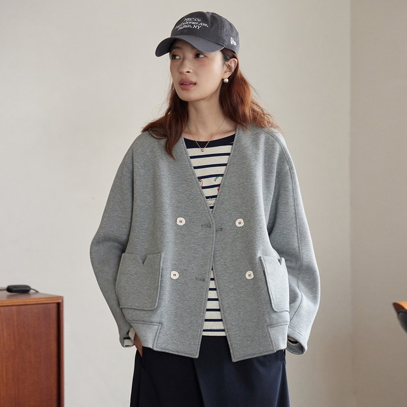 Gray sweatshirt short coat|Coat|Autumn style|Sora-1615 - เสื้อแจ็คเก็ต - ผ้าฝ้าย/ผ้าลินิน สีเทา