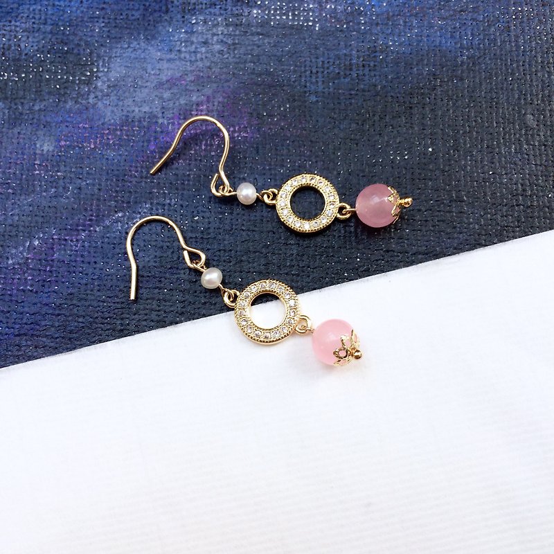 14kgf-pink chalcedony & pearls earrings - Earrings & Clip-ons - Gemstone 