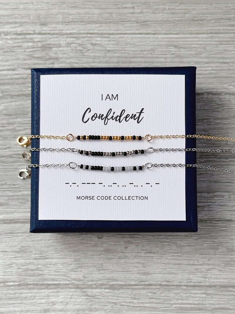 【Healing Series】Confidence. I am Confident. Morse code. rice bead bracelet - สร้อยข้อมือ - วัสดุอื่นๆ สีดำ