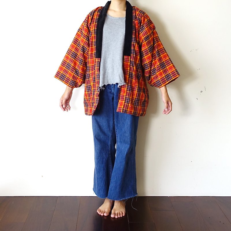 BajuTua / Vintage / Japan style red plaid jacket haori kimono - เสื้อแจ็คเก็ต - ผ้าฝ้าย/ผ้าลินิน สีแดง