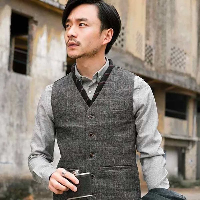 SOARIN British retro business plaid suit vest (73B20) - เสื้อกั๊กผู้ชาย - เส้นใยสังเคราะห์ สีเทา