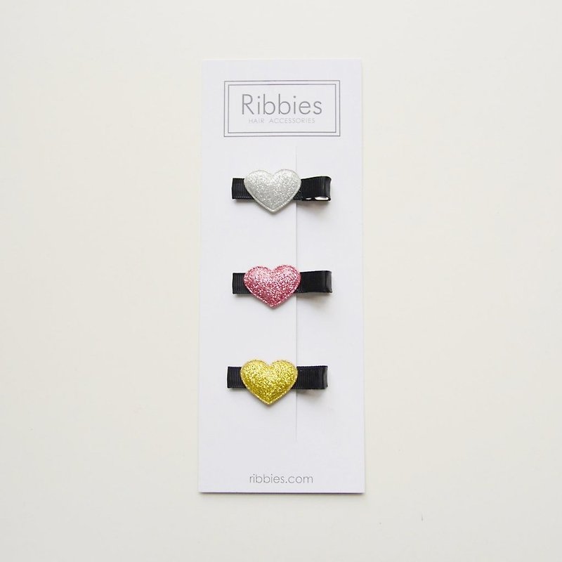 英國Ribbies 閃亮/粉紅/金愛心3入組-黑底 - 髮夾/髮飾 - 聚酯纖維 