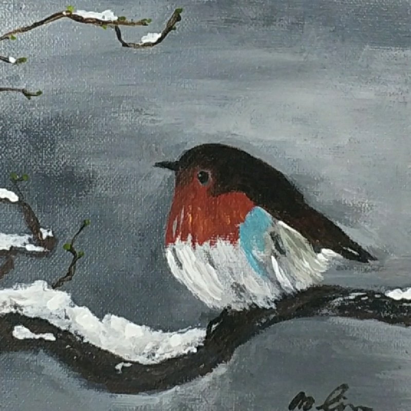 Unique original hand-painted oil painting of winter bird on snowy branches - Wall Décor - Cotton & Hemp 