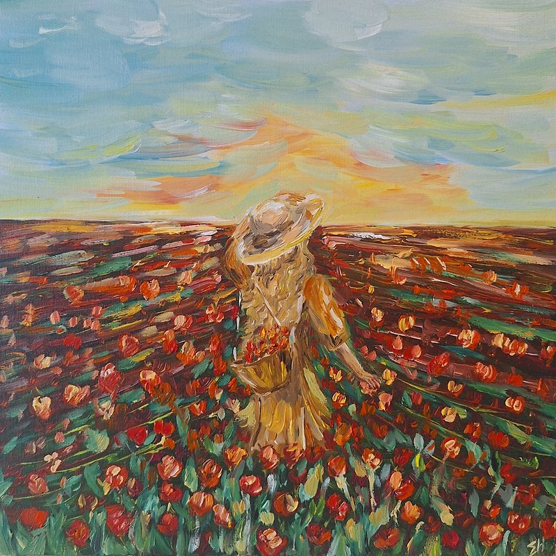 Oil painting field of poppies Girl in a hat painting 戴帽子的女孩油畫 - โปสเตอร์ - ผ้าฝ้าย/ผ้าลินิน สีแดง