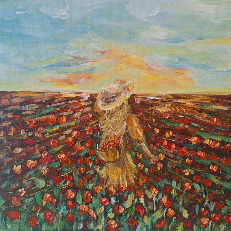 Oil painting field of poppies Girl in a hat painting 戴帽子的女孩油畫 - โปสเตอร์ - ผ้าฝ้าย/ผ้าลินิน สีแดง