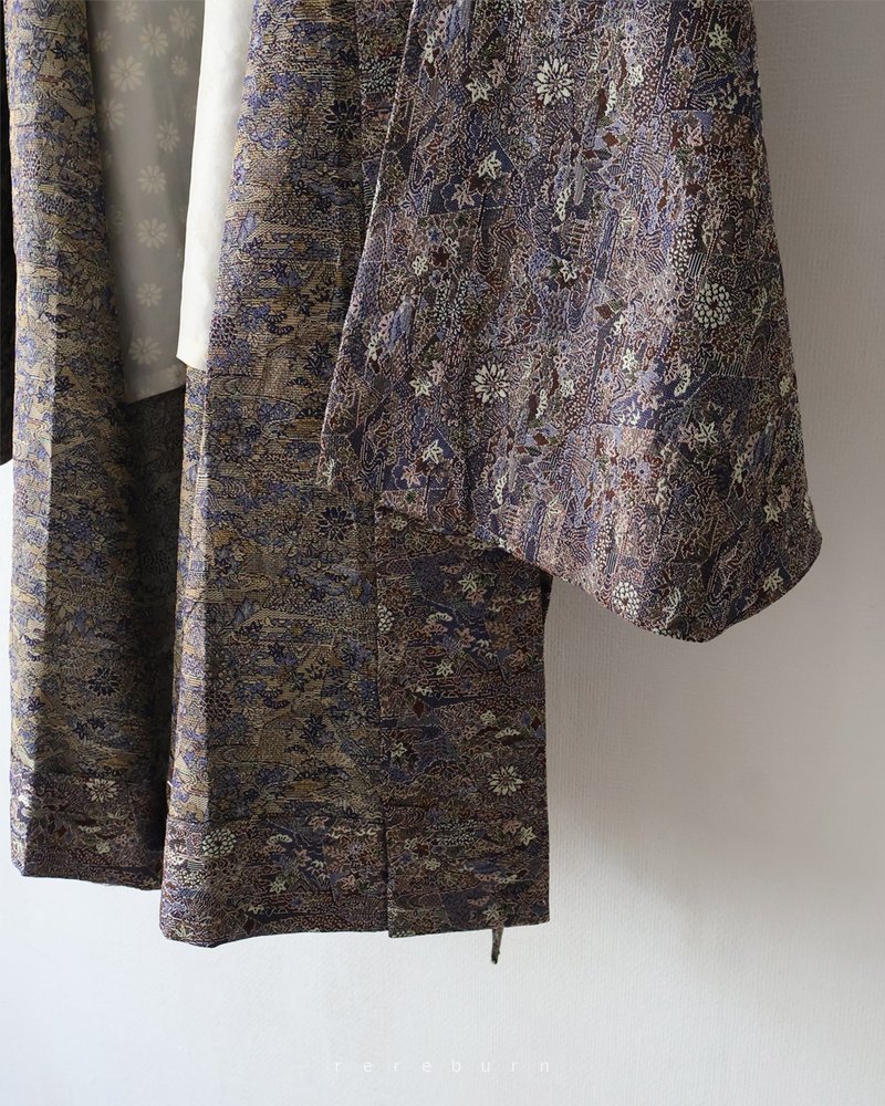 Japanese-made Japanese-style totem print dark purple vintage haorido medium kimono jacket - เสื้อแจ็คเก็ต - เส้นใยสังเคราะห์ 