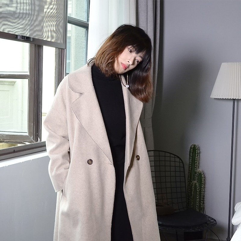 燕麥色翻領系帶大衣|大衣|羊毛+棉+聚酯纖維|獨立品牌|Sora-90 - 外套/大衣 - 羊毛 