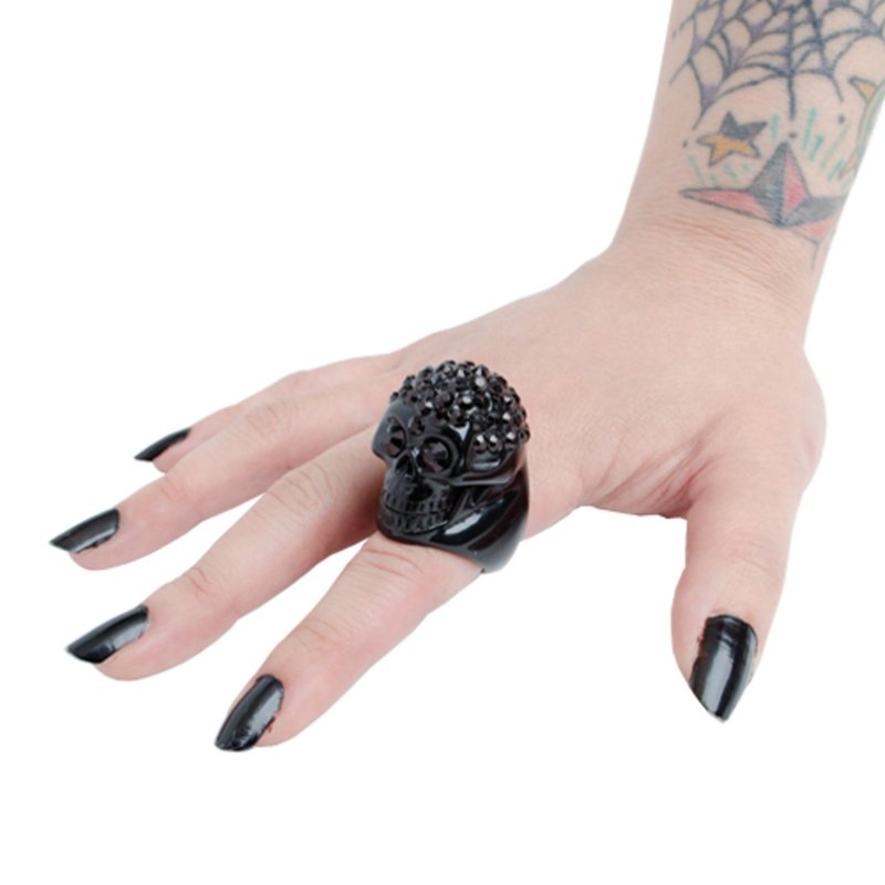 水鑽骷髏戒指/黑/銀/S號/M號/L號/hellcatpunks/rdsb - 戒指 - 塑膠 黑色