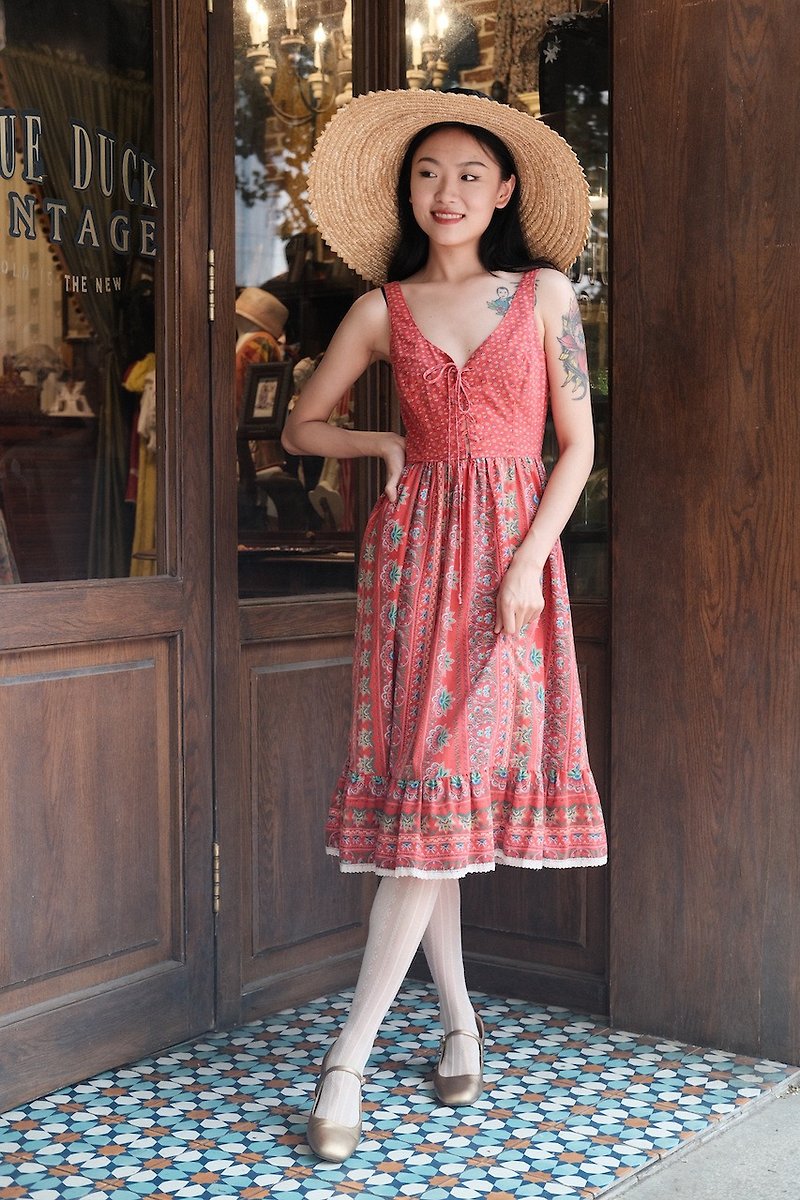 Vintage dress floral drawstring dress vintage retro girls wear - One Piece Dresses - Cotton & Hemp 