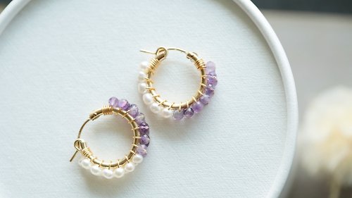 JieJie Jewelry SS23-HappyCircle 1.9cm│紫水晶 天然淡水珍珠 財富 智慧 耳夾