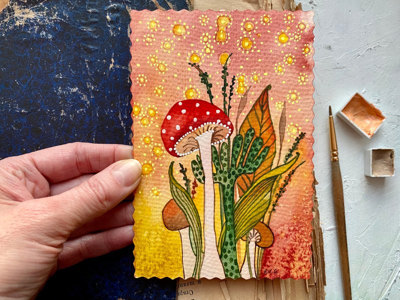 Mushroom painting Floral Original art Fly agaric watercolor Miniature artwork - 海報/掛畫/掛布 - 紙 多色