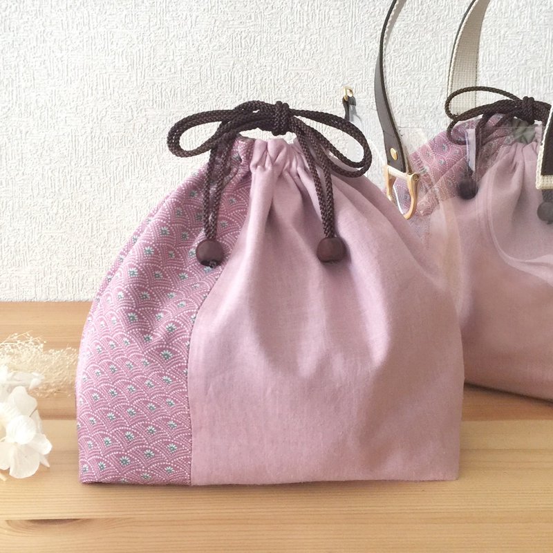 Drawstring Bag, Kimono and linen - Silk - for Clear Tote Bag - กระเป๋าเครื่องสำอาง - ผ้าฝ้าย/ผ้าลินิน สึชมพู