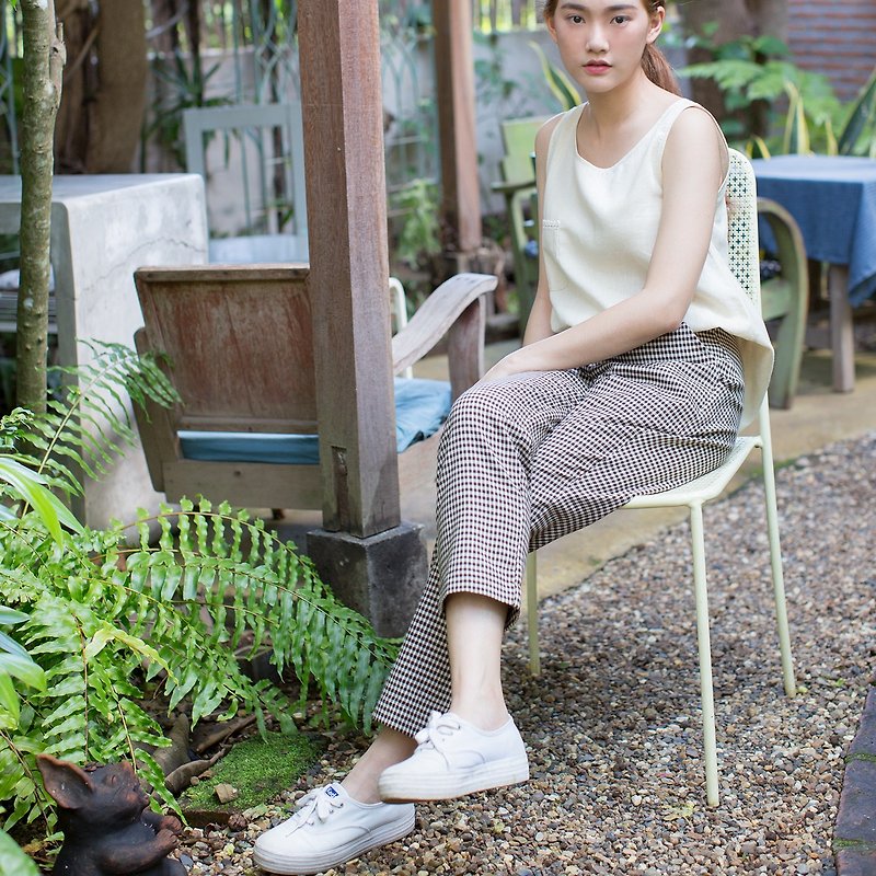 Plaid Pattern Cotton Pants Botanical dyed cotton Brown Color - 女長褲 - 棉．麻 咖啡色