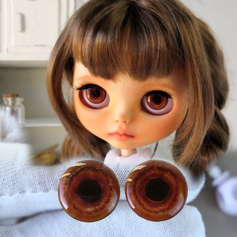 Brown 3D Eye chips 14mm, doll Eye chips for Custom Blythe - Stuffed Dolls & Figurines - Resin 