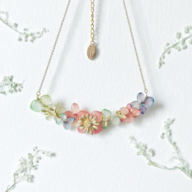 [Fleur d'amour] Hydrangea (red + blue + green) real flower jewelry neck 18K package gold - Necklaces - Plants & Flowers Red