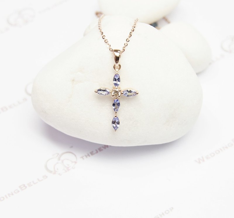18K玫瑰金 坦桑石吊墜 /十字架/精緻可愛 生日石 (免運費) - 項鍊 - 鑽石 藍色