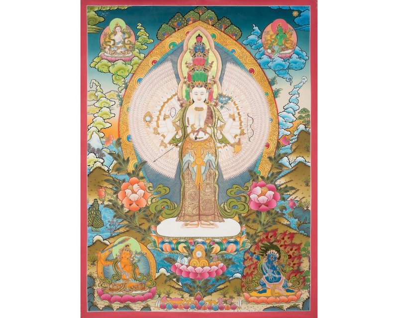 觀世音菩薩唐卡 神聖慈悲的象徵 手工製作並飾以24K金 - 壁貼/牆壁裝飾 - 其他材質 多色