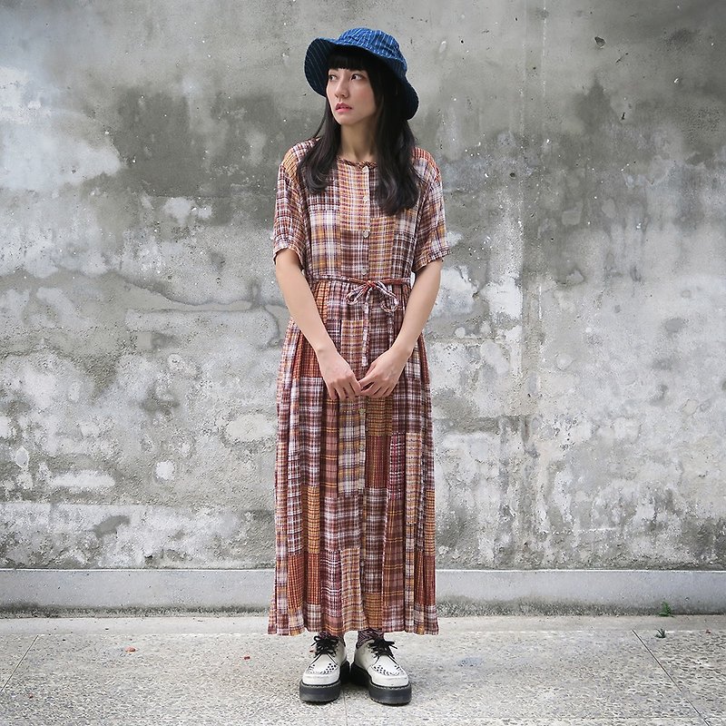 古著 日本系 橘咖啡 格子短袖洋裝 - 洋裝/連身裙 - 棉．麻 卡其色