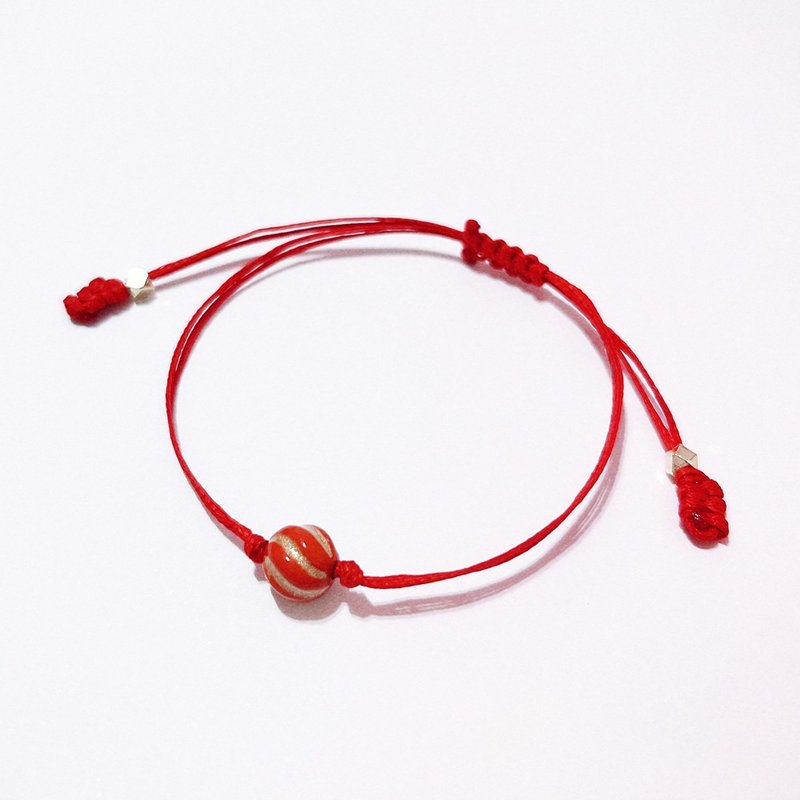 Gold Ball Cinnabar Bead Braided Bracelet Red Rope Bronze Plated 14K Gold French Grandma Series - Bracelets - Thread Red