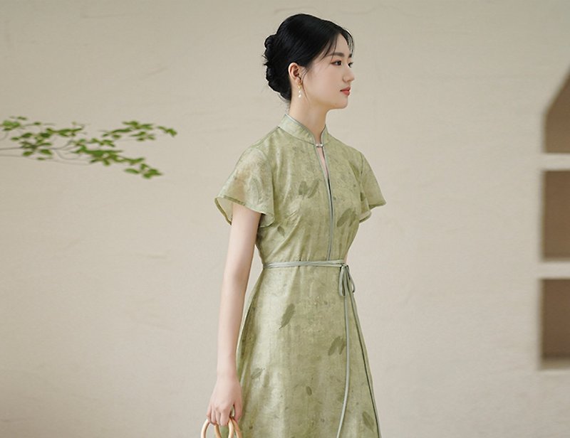 新しい中国風テンセル気質ロングスカート高度な改良されたチャイナドレス - ワンピース - シルク・絹 グリーン