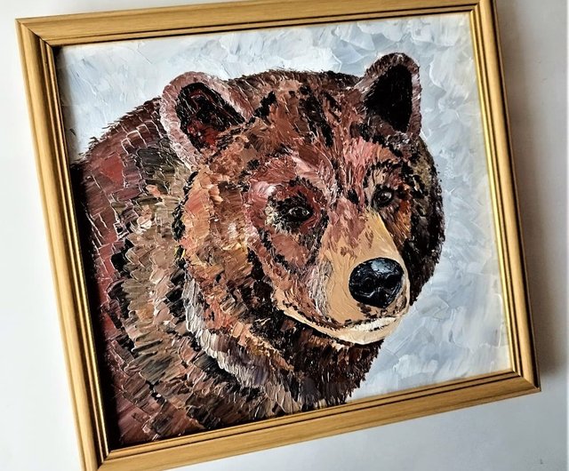 絵画。原画【ビールと熊】 クマの絵、オリジナルの動物アート、ハイイログマのモダンな壁の