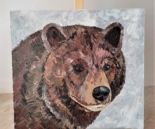 クマの絵、オリジナルの動物アート、ハイイログマのモダンな壁の