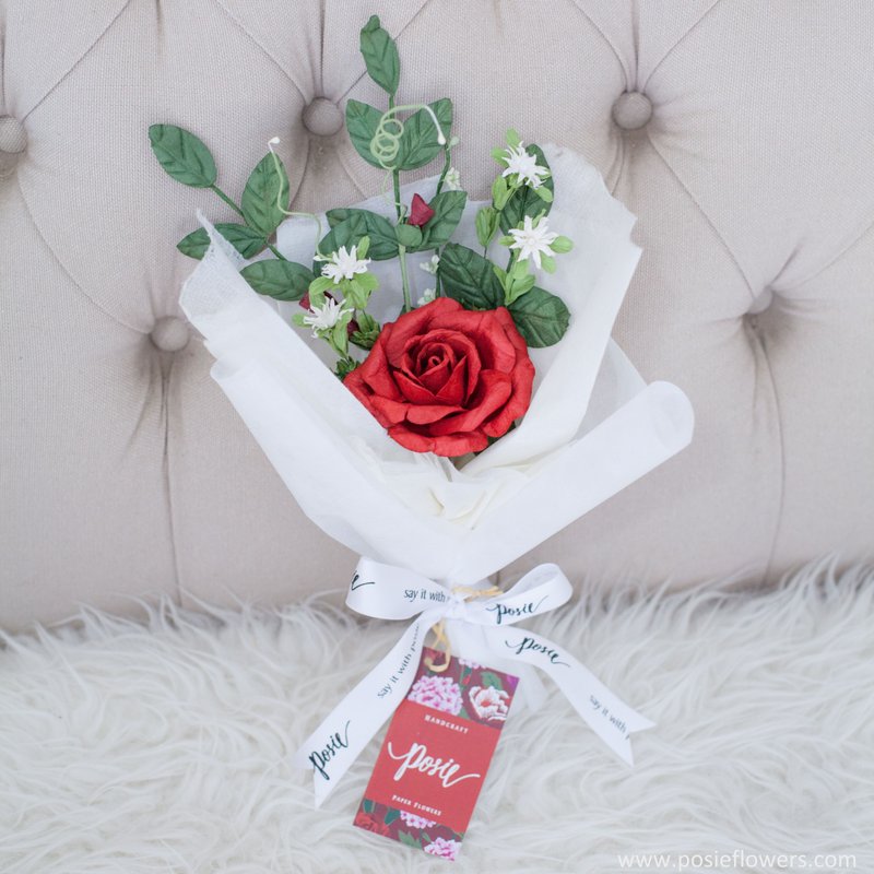 Paper Single Rose HOT RED mini Bouquet Valentine's Gift, Anniversary Gift - Items for Display - Paper Red