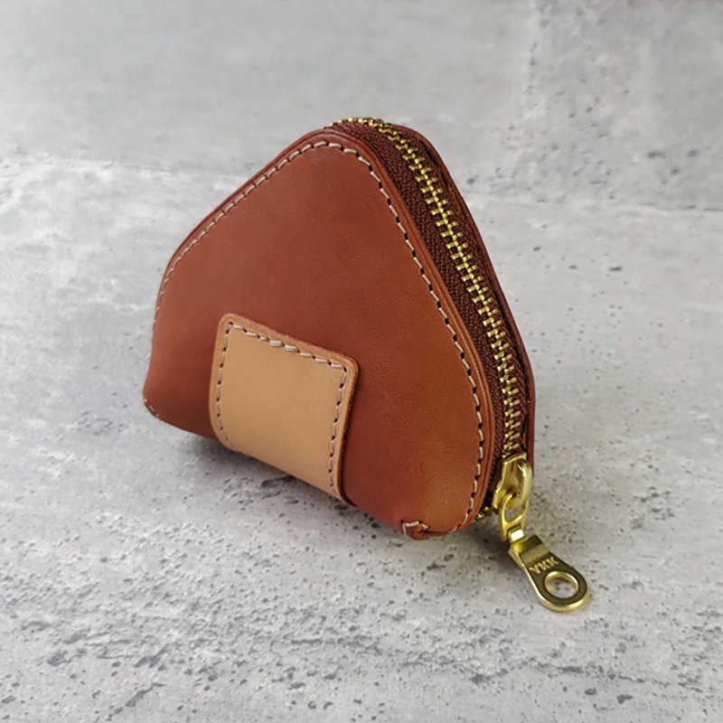 Handmade Leather Goods | Customized Gifts | Vegetable Tanned Leather-Triangle Rice Ball Coin Purse - Coin Purses - Genuine Leather Brown