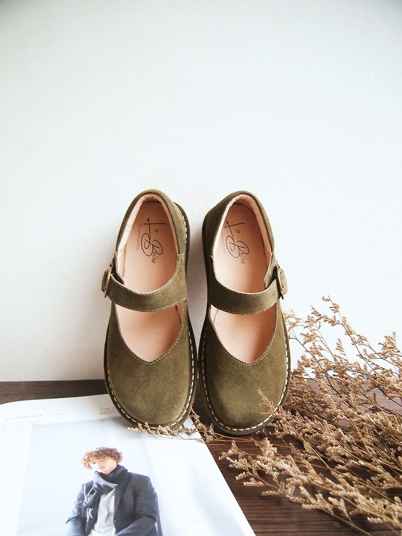 Suede Big Head Mary Jane Shoes (Olive Green) - Women's Leather Shoes - Genuine Leather Green