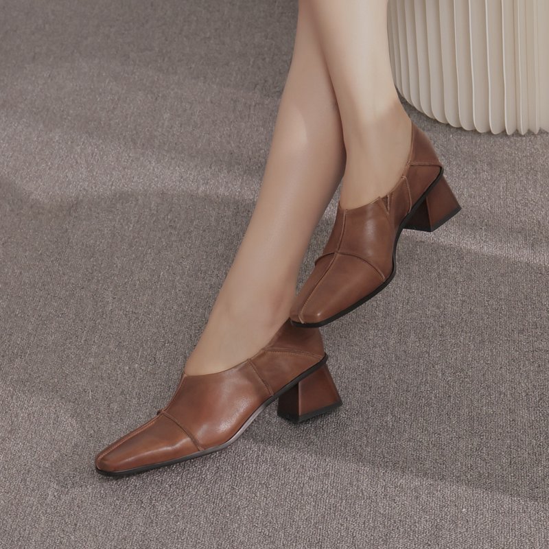 十字拼接皮-方頭粗跟鞋-棕色 - 高跟鞋/跟鞋 - 真皮 咖啡色