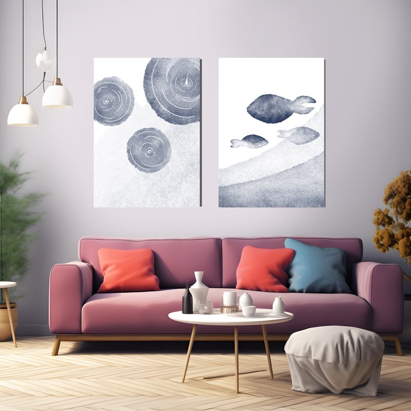 Set of two fish wall art, digital print, navy blue costal home decor, minimalism - 其他數位設計 - 其他材質 