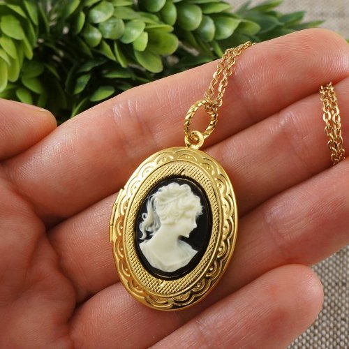 AGATIX Ivory White Black Girl Lady Cameo Oval Locket Victorian Pendant Necklace Jewelry