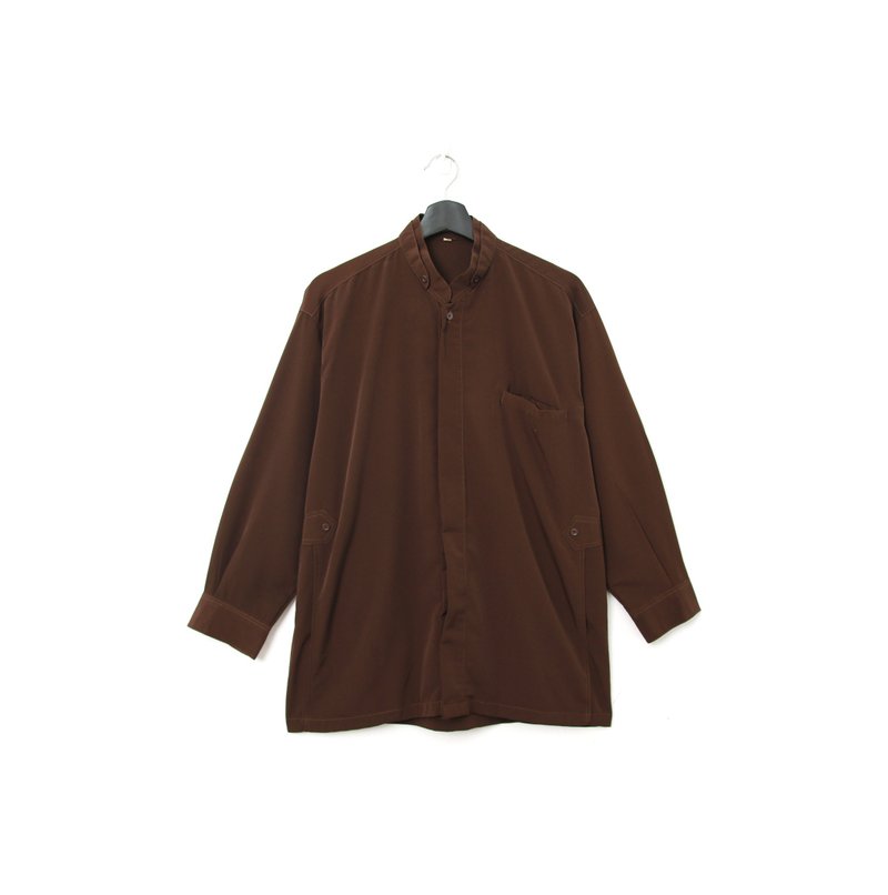 Back to Green- Long-sleeved middle-collar shirt dark chestnut vintage shirt - เสื้อเชิ้ตผู้ชาย - ไฟเบอร์อื่นๆ 